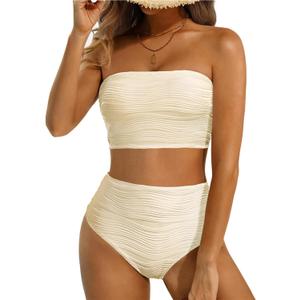 High Waisted Bandeau Bikini Set - Women Strapless Two Piece Swimsuits Ribbed Longline Full Coverage Bathing Suits Swimwear (Small, Beige)