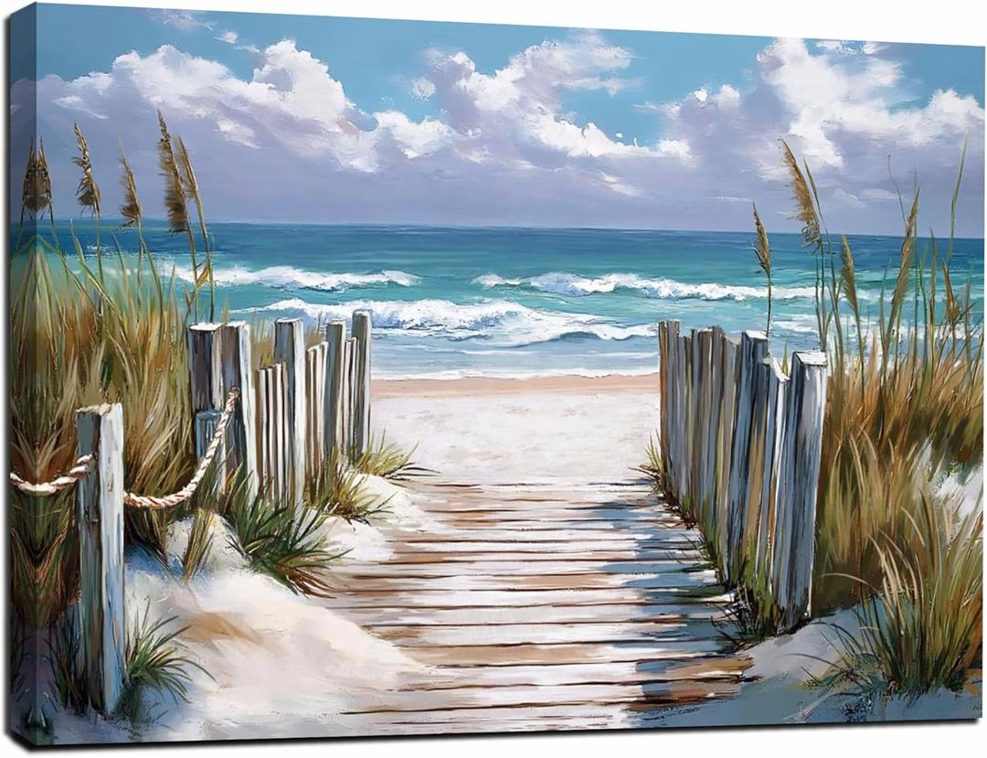 Bathroom beach picture wall art, blue ocean painting decorate bedroom, relax sea view artwork, 16"L x 24"W