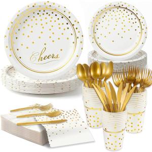 168 Pcs Paper Plates and Napkins Party Supplies, White and Gold Disposable Plates for 24 Guests, Golden Dot Party Plates, Napkins, Cups and Utensils Set for Birthday Wedding Graduation Party Decor