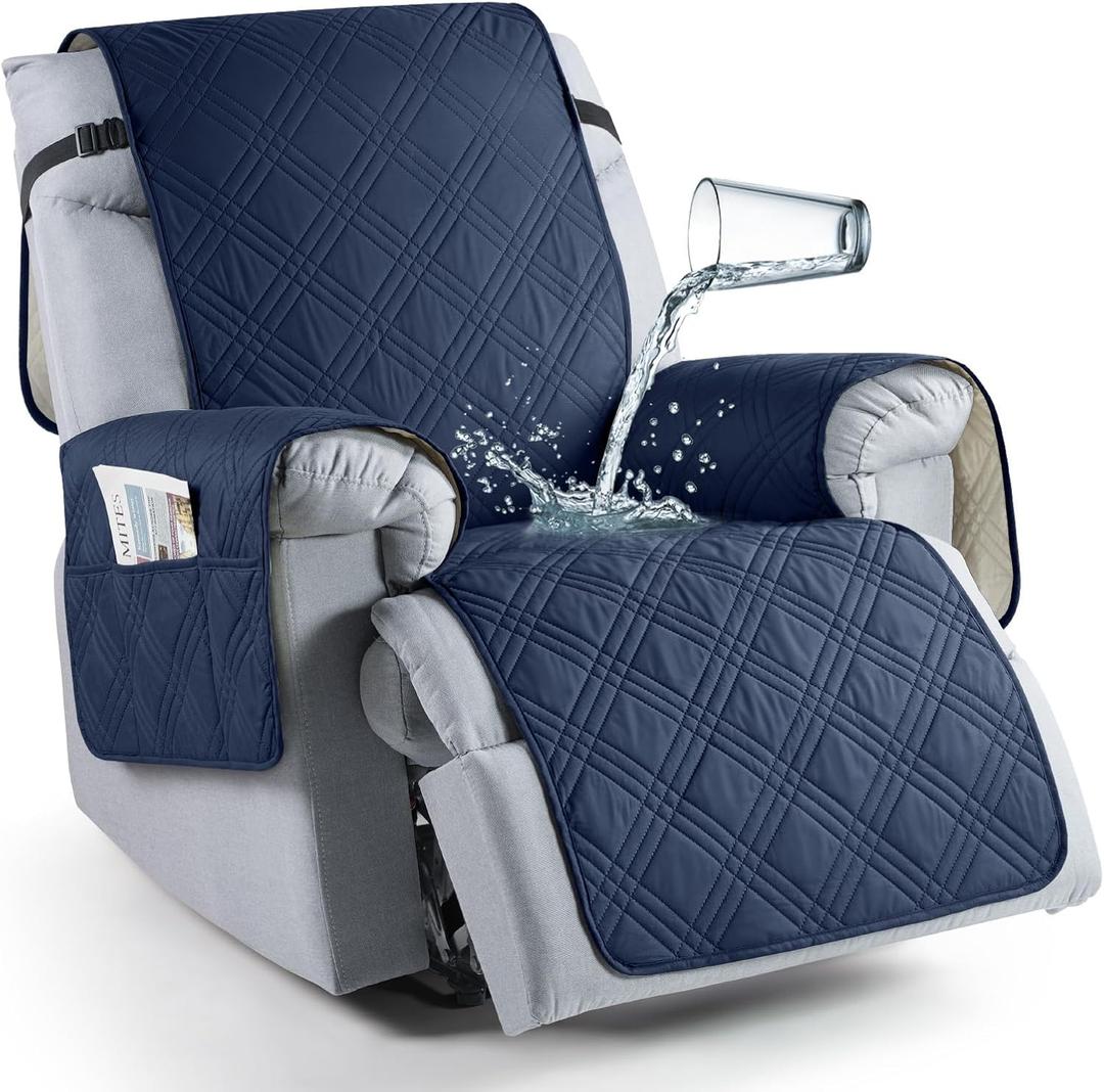 TAOCOCO 100% Waterproof Recliner Chair Cover, Small Recliner Covers for Recliner Chair with Pocket, Non Slip Reclining Chair Cover Furniture Protector for Kids, Pets(20'', Navy Blue)