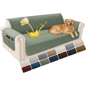 Velvet 100% Waterproof Couch Cover for Dogs Washable Sofa Covers for 3 Cushion Couch Pet Friendly Sofa Slipcovers Set Non Slip Quilted Furniture Protector with Pockets (Large, Sage)