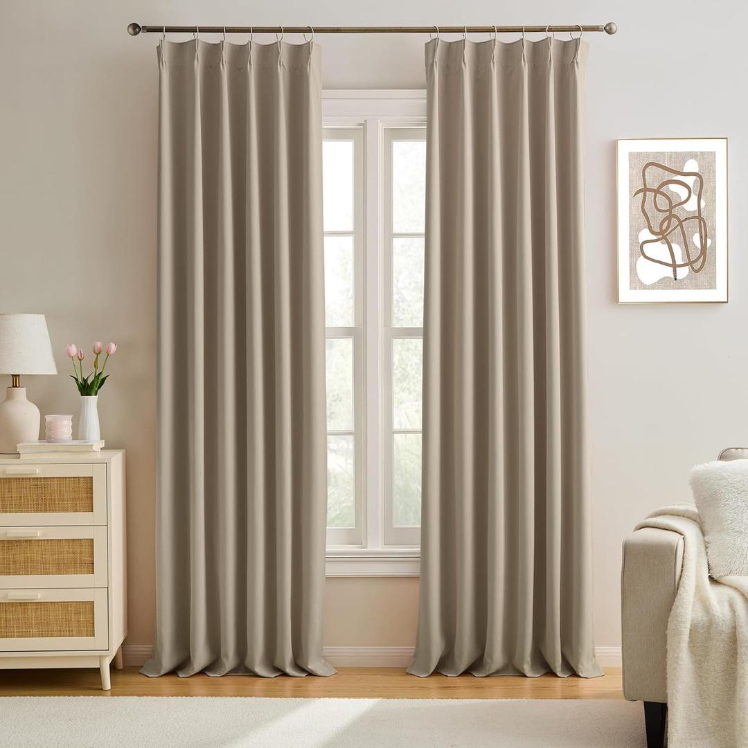 KEQIAOSUOCAI Pinch Pleated Curtains 144 Inch Long 12 FT Tall for Living Room Bedroom Thermal Memory Trained Window Drapes with Hooks (Khaki, 40W x 144L x 2 Panels)
