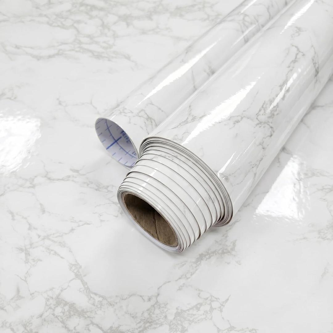 Extra-Thick Contact Paper (High Gloss) - Marble Peel and Stick Wallpaper & Backsplash for Countertops & Furniture - Waterproof Self-Adhesive Film - 23.6" x 118.1" (Carrara White / Smooth Surface)