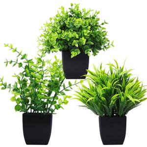 GREENTIME Artificial Potted Plants Set of 3 Mini Fake Plant 3 Pack Small Eucalyptus Black Potted Wheat Grass Faux Greenery for Home Office Desk Bathroom Shelf Bedroom Indoor Decorations