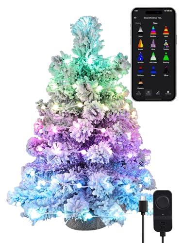 Brizled Snow Flocked Smart Christmas Tree, 22.8in Mini Christmas Tree with 100 LED RGB Lights, App/Voice Control 159+ Scenes Tabletop Xmas Tree USB C Small Tree Work with PD Power for Fireplace Desk