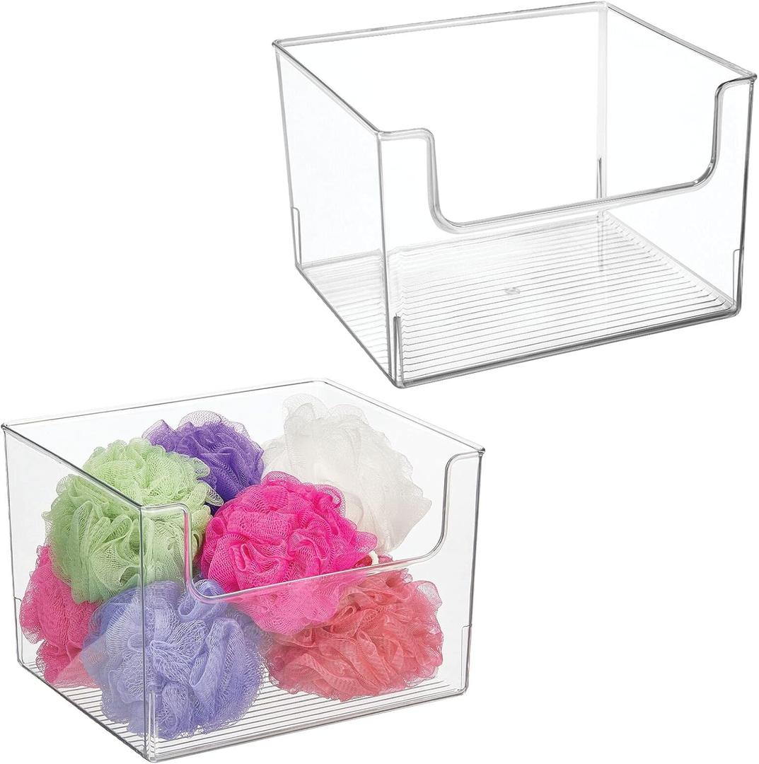 mDesign Modern Plastic Open Front Dip Storage Organizer Bin Basket for Bathroom Organization - Vanity Shelf, Cubby, Cabinet, and Closet Organizing Decor - Ligne Collection - 2 Pack - Clear
