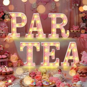 Set of 6 Pink Tea Party Decoration 8.6 Inch Glitter Partea LED Marquee Light up Sign Battery Powered Alphabet Letter Sign for Table Centerpieces Bedroom Birthday Wedding Party Supplies 