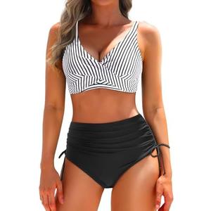 Aqua Eve Women High Waisted Bikini Twist Front Swimsuits Lace up Bikini Tops Ruched Push up 2 Piece Bathing Suits, S