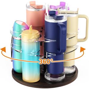 Rotating Water Bottle Holder, 6 Slots Cup Organizer for Stanley 20/30/40oz, Water Bottle Organizer for Tumbler with Handle, Water Bottle Storage Rack for Kitchen Cabinet (Brown, 20/30/40 oz)