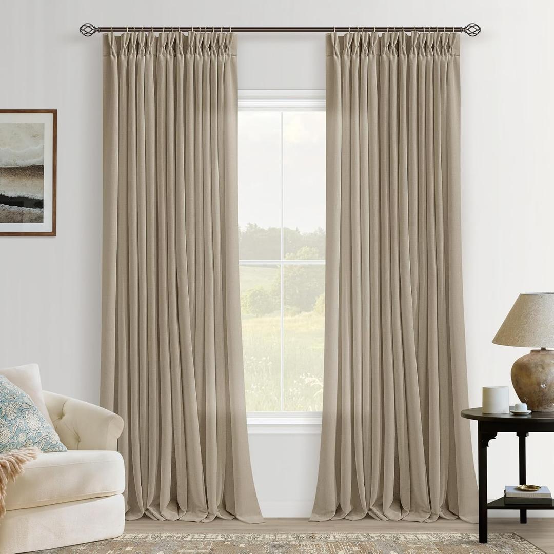 Tan Pinch Pleated Linen Curtains 102 Inches Long for Living Room Bedroom Dining Pinch Pleat with Hooks Rings for Track Back Tab Light Filtering Boho Farmhouse Semi Sheer 102 Inch Sliding Door Curtain