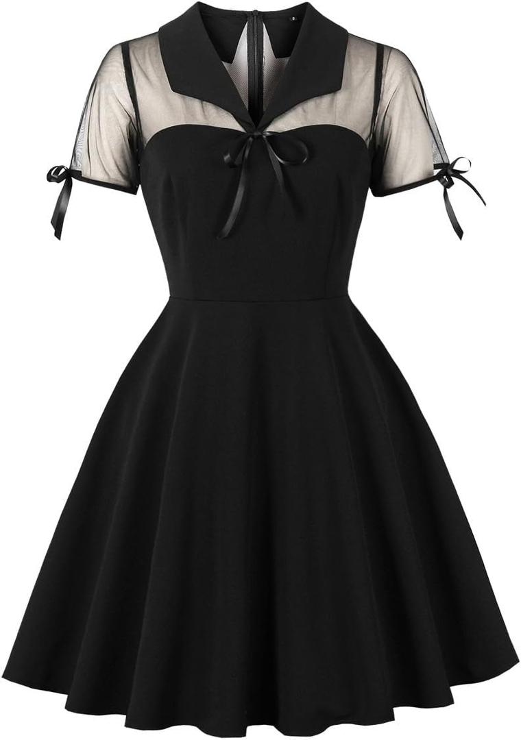 Women's Vintage Gothic Cocktail Dresses Cutout Keyhole Collar Illusion Mesh Sleeve Mini Dress A Line Knee Length Goth Dress (Black, S)