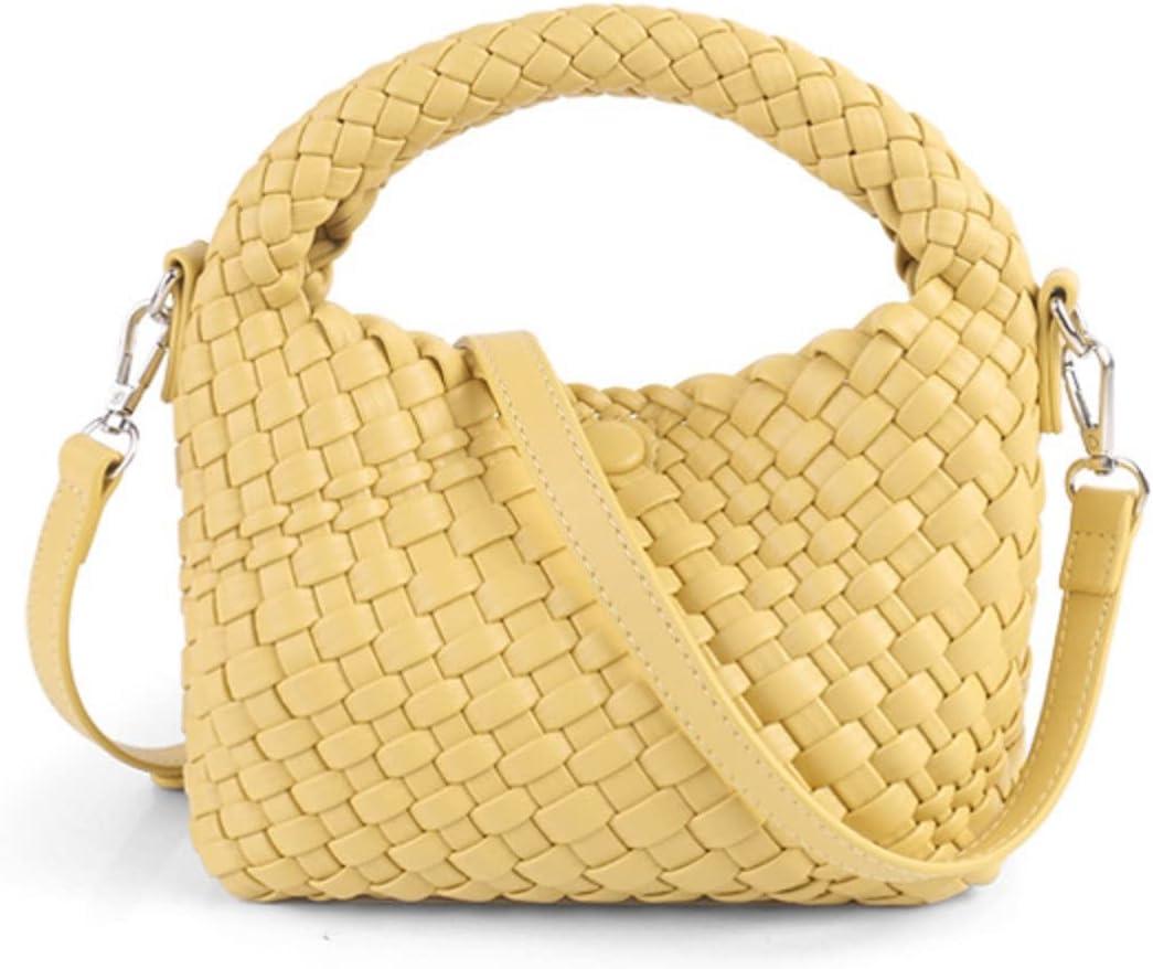 Women Woven Tote Small Crossbody Bag, Weave Quilted Purse Square Shoulder Bag Woven Handbag with Detachable Strap (Yellow)