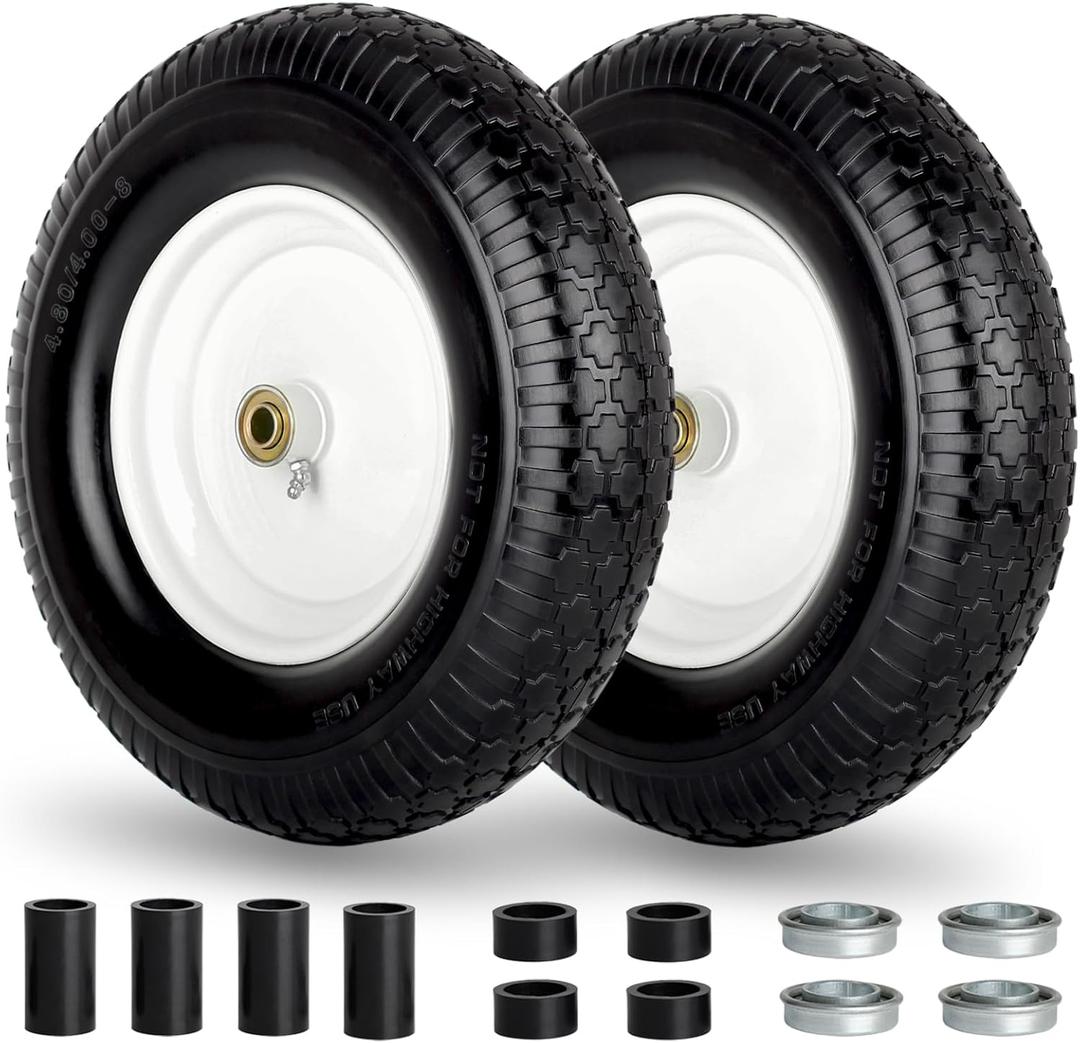 4.80/4.00-8" Wheelbarrow Tire, 16" Flat-Free Solid Tire and Wheel, 3" Centered Hub, 5/8" Axle Bore Hole,for Garden Wagon Cart Trolley Dolly Replacement(2 Pack)