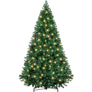 Sweetcrispy 6ft Pre-lit Artificial Christmas Tree, Prelighted Green Artificial Hinged Spruce Xmas Tree with 700 Branch Tips, 250 Incandescent Lights & Foldable Base for Home, Office, Party