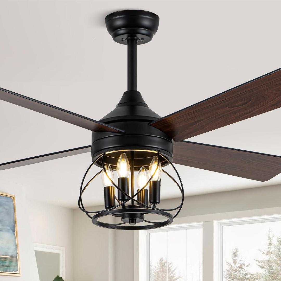 52 Inch Ceiling Fans with Lights, Modern Farmhouse Caged Ceiling Fan, Reversible Motor, 4 Double Finish Wood Blades, Rustic Ceiling Fan for Porch, Living Rooms, Bedroom (Black-MD-DC5213)