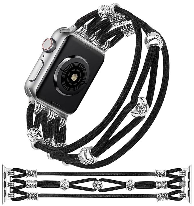 TOYOUTHS Boho Bracelet Compatible with Apple Watch Band 49/46/45/44/42mm Women, Beaded Slim Elastic Western Stretchy Solo Loop Dressy Nylon Strap for iWatch Series 10/9/Ultra/SE/8/7/6/5/4/3/2/1, XS