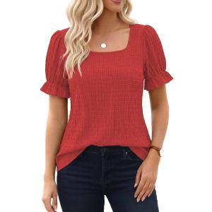 Womens Summer Tops Puff Short Sleeve Cute T Shirts Dressy Casual Square Neck Blouses Clothes (Red)