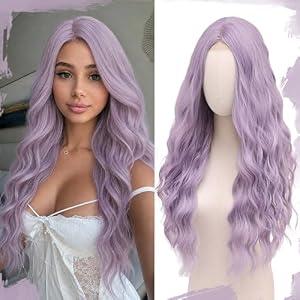 BUPPLER Cosplay Long Misty Purple Wig 28 Inch Middle Part Synthetic Wig Realistic Gifts Party Wigs for Women Daily Use Colorful Wigs (Misty Purple)