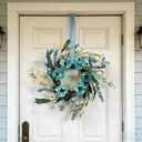 6 Pcs Small Blue Daisy Flower Hanging Wreaths for Cabinets with White Floral Eucalyptus Leaves Lavender Artificial Grains Mini Candle Rings Wreath for Home Front Door Farmhouse Coastal Blue Porch