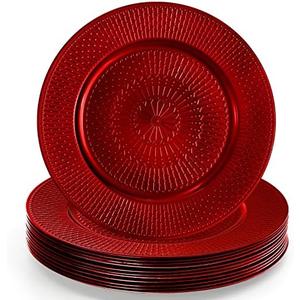DEAYOU 12 Pack Red Charger Plate, 13-inch Beaded Chargers for Dinner Plates, Plastic Reusable Round Charger Platters for Wedding, Party, Event, Table Setting, Decoration, Holiday