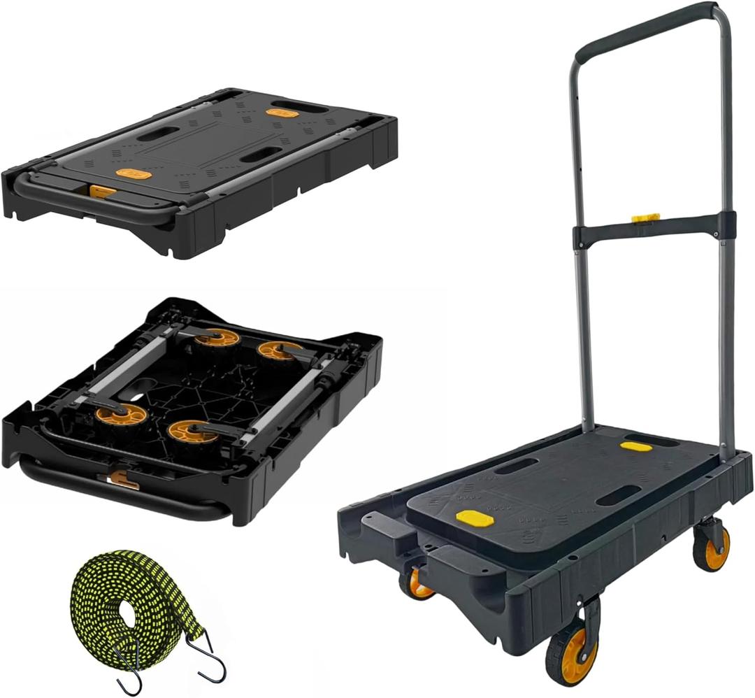 Platform Truck Folding Hand Truck 330 LB Heavy Duty Utility Dolly Flatbed Luggage Push Cart Fully Folded Compact Cart, Portable Trolley with 1 Elastic Ropes, Easy Storage & Lightweight for Moving