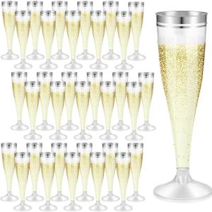 Skylety 100 Pcs Silver Rim Champagne Flutes Bulk 4.5 oz Clear Plastic Toasting Glasses Mimosa Glasses Disposable Cocktail Cups for Valentine Day Wedding Birthday Family Baby Shower Party Supplies
