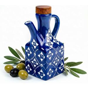 Blue Ceramic Olive Oil Dispenser Bottle for Kitchen, 8.5 oz Cruet for Avocado Oil with Handle & Wooden Stopper, Small Decorative Oil and Vinegar Dispenser Set, Oil Container Cruet for Olive