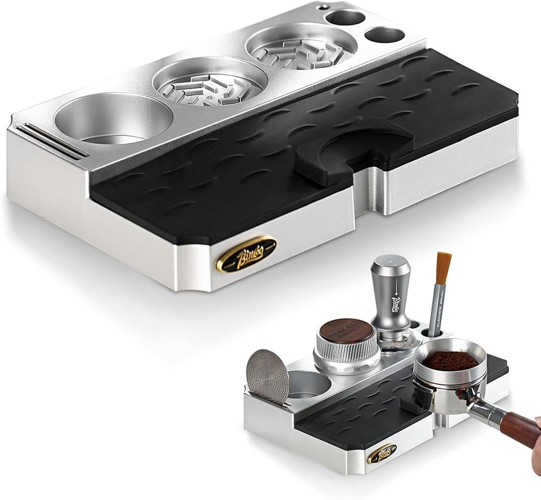 Bincoo Espresso Tamping Station - Lightweight Organizer with Removable Mat, Fits 58/54/53/51mm Portafilters, Tmaper, Non-Slip Base, Compact Coffee Bar Space Saver (Silver)