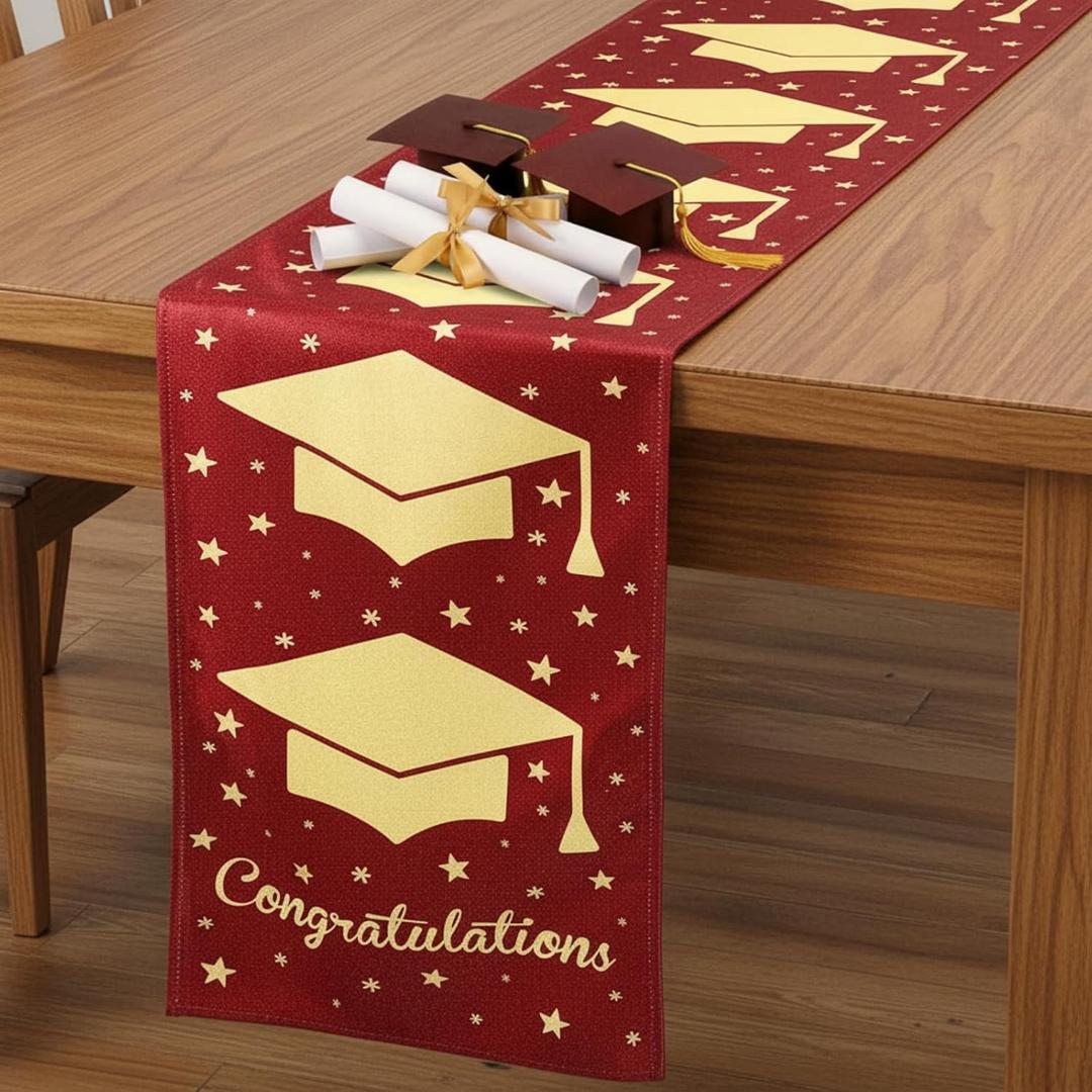 VitalCozy Graduation Table Runner 12 x 108 Inch Grad Cap Satin Table Runner Graduation Party Decorations for Home Tabletop Centerpieces Decor(Burgundy,1)