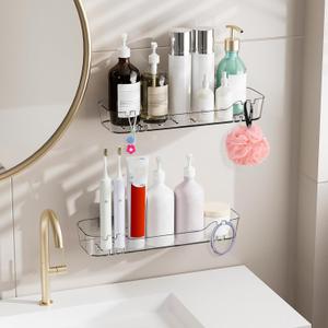 CGBE Acrylic Self-Adhesive Shower Caddies: No-Drill Bathroom Wall Shelf with Hidden Hooks & Drainage Holes - Clear Waterproof Organizer for Bathroom, Kitchen Storage (2 Pack, 2.3" L  3.6" W  1.8" D)