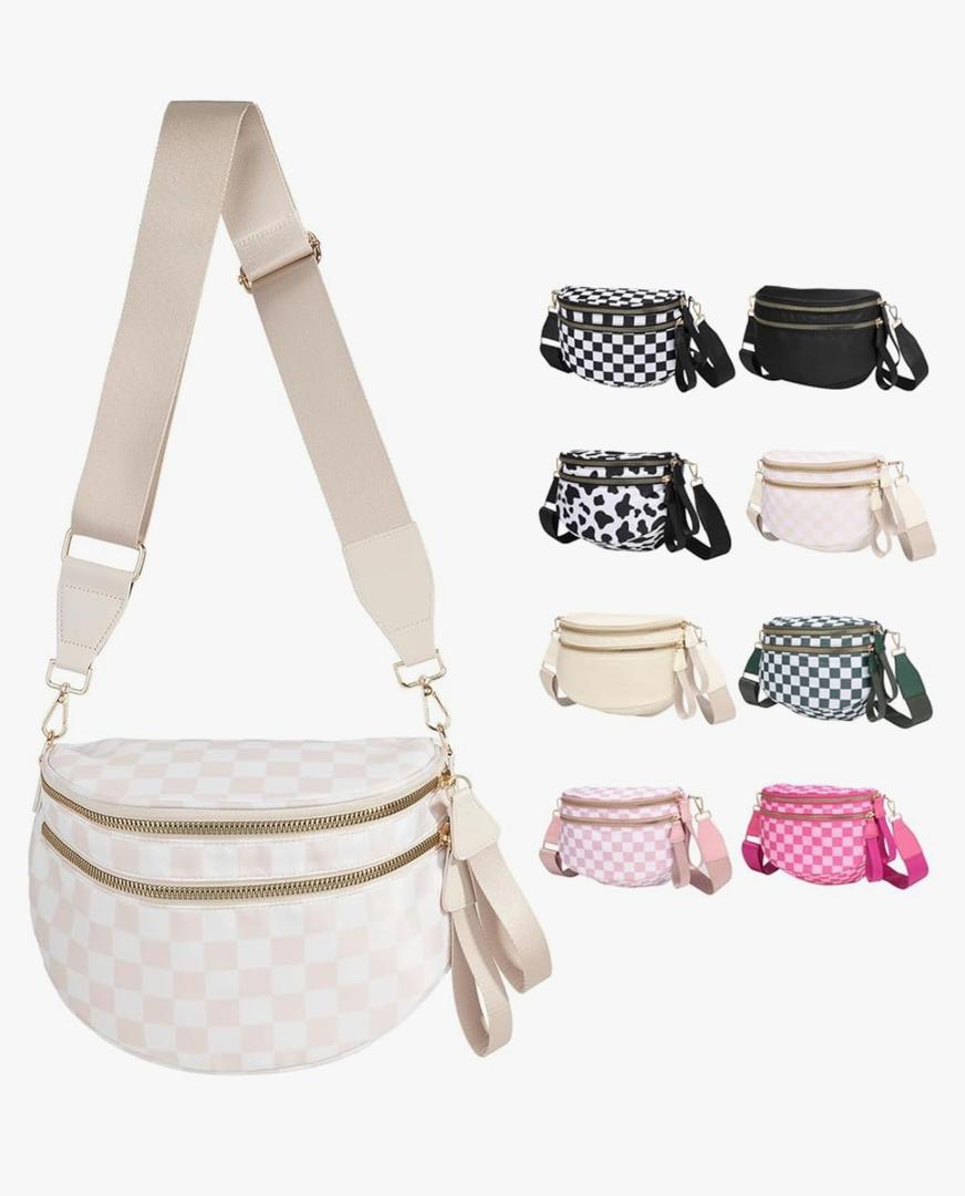 Crossbody Bags Bum Bag for Women Sling Bag Purse with Adjustable Strap, Beige Checkered