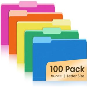 SUNEE File Folders Letter Size Pastel Colors, 100 Pack Manilla Folders 8.5 x 11 1/3-Cut Tabs, Colored File Folders Office Home School for Documents Files Paper