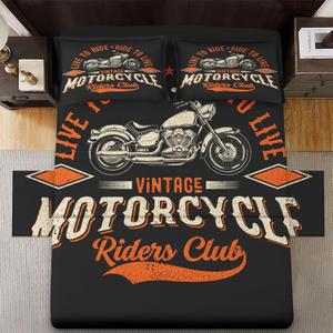 King Size Bed Sheet Sets, Bike Retro Motorcycle Soft Microfiber 4 Pcs Bedding Sets for Kids and Adults Bedroom Bed Decor, Race Vintage Flat Sheet, Fitted Sheet and Pillowcases