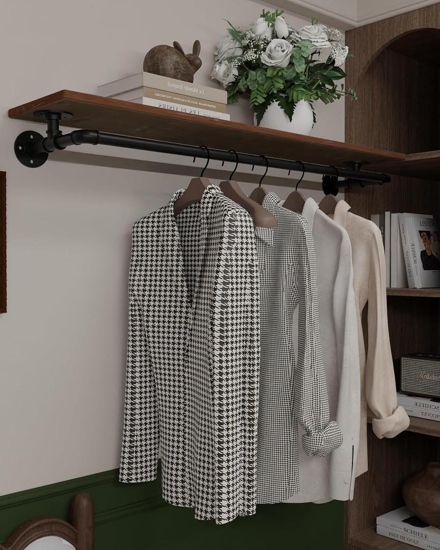 Clothes Rack 48in, Wall Mounted Garment Rack with Real Wood Shelf, Heavy Duty Hanging Clothes Rack, Multi-Purpose Hanging Rod, Space-Saving Closet Storage (Brown)