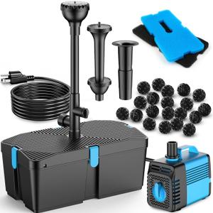 Pond Filters for Outdoor Ponds, 820 GPH Pond Filter with Fountain Pump Kits, 60W Pond Pump and Filter Kit for Koi Pond Clean, Garden Fountains, Waterfall