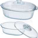 Glass Baking Dishes for Oven, 2 Pack Casserole Dishes with Lid, Oval Baking Dish Set for Lasagna Casseroles Leftovers Cooking Kitchen, 1.9 Qt and 3 Qt, Clear