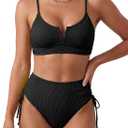 Palmipeta Women's High Waisted Tummy Control Bikini Sets Full Coverage 2 Piece Swimsuit Modest Bathing Suits Ribbed Swimwear Black L