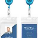 2 Pack Id Badge Holder With Clip, Transparent Light Blue Badge Reels with Id Sleeves Set, Clear Id Card Holder Retractable, Vertical Lanyard ID Holder with Badge Reel, Badge Holders with 24" Pull Cord