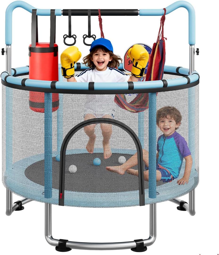 55/60" Trampoline for Kids, 4.5/5 FT Toddler Trampoline with Enclosur Net, Basketball Hoop & Sandbag, 440 LBS Capacity, Adjustable HeightGifts for Ages 3-12 Boys & Girls (Blue)