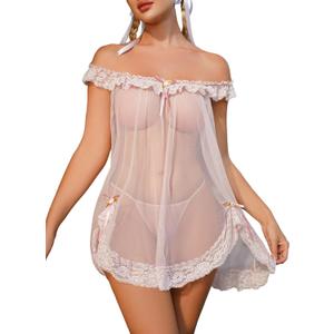 OYOANGLE Women's 2 Piece Mesh Sheer Floral Lace Babydoll Slip Dress Nightgowns and Thong Lingerie Set (Medium, Pink)