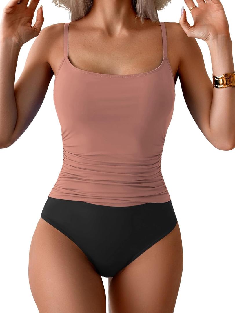 Aidonger Women's One Piece Swimsuit Tummy Control Slimming Bathing Suit Color Block Ruched Swimwear (L)
