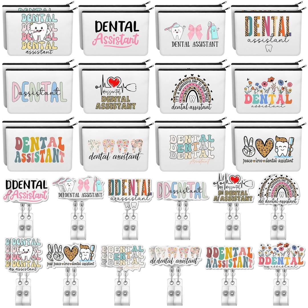 24 Set Dental Assistants Gifts Bulk Dental Hygiene Makeup Bags Teeth Retractable Badge Reels for Nurse Doctor Dentist Hygienist Appreciation Gifts Hospital Office Supplies