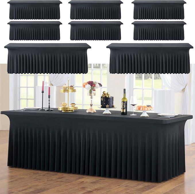 CO-AVE 6pk Black 8ft Spandex Tablecloths for Rectangle Tables, Wrinkle Free Wavy Black Table Skirt Stretchy Fitted Table Cloth Covers 8 Foot for Weddings Birthday Party Events Banquette Baby Shower