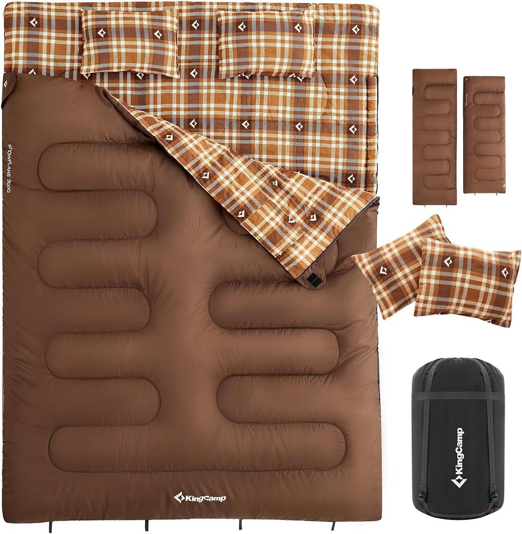 KingCamp Double Sleeping Bag for Adults, Queen Size 2 Person XXL Flannel Sleeping Bag, Waterproof Lightweight Flannel Quilt with 2 Pillows, Perfect for Couples Family Camping Hiking, Size: Double