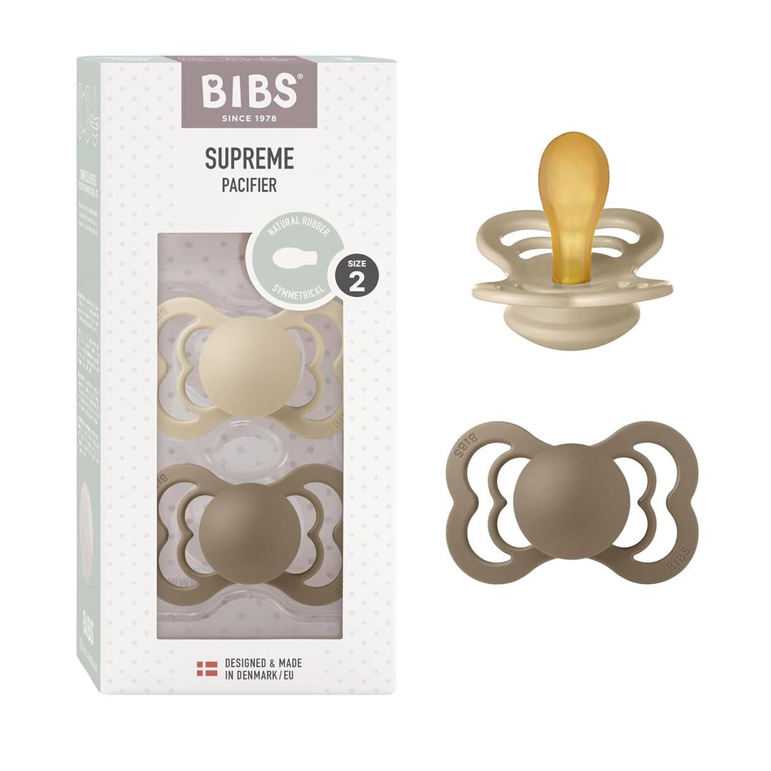 BIBS Pacifiers - Supreme Collection | BPA-Free Symmetrical Nipple | Natural Rubber Latex | Made in Denmark | Set of 2 Vanilla/Dark Oak Color Premium Soothers | Size 6-18 Months (Size 2 | 6-18 Month)