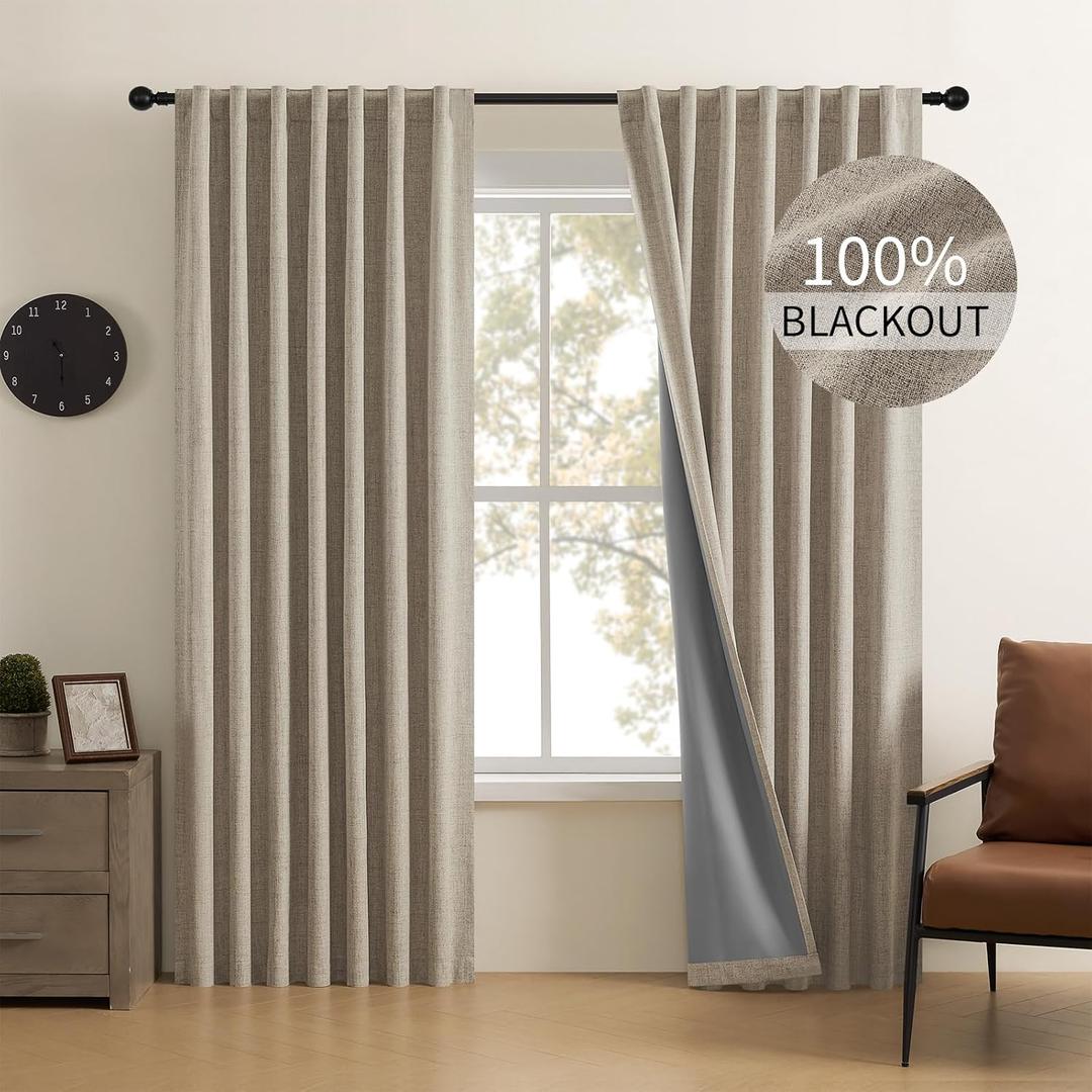 CUCRAF Natural Linen 100% Blackout Curtains 84 Inch Length 2 Panels Set, Back Tab and Rod Pocket Curtain for Living Room Bedroom, Room Darkening Window Drapes Thermal Insulated, (37x84 inch, Linen)