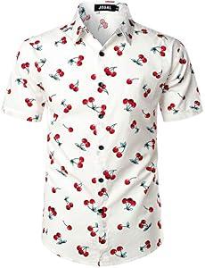 JOGAL Men's Cotton Button Down Short Sleeve Hawaiian Shirt (White, 3X-Large)