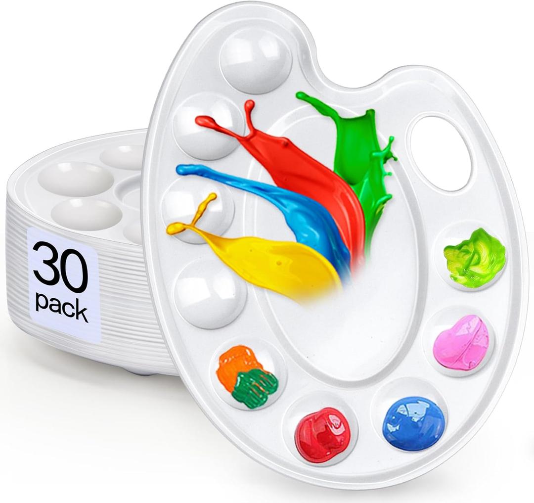 Hulameda Update 30pcs Paint Tray Palettes,Plastic Paint Tray Palette,Paint Palettes,Paint Pallets with 9 Wells for Adults & Kids, or Painting or DIY Craft Class,White