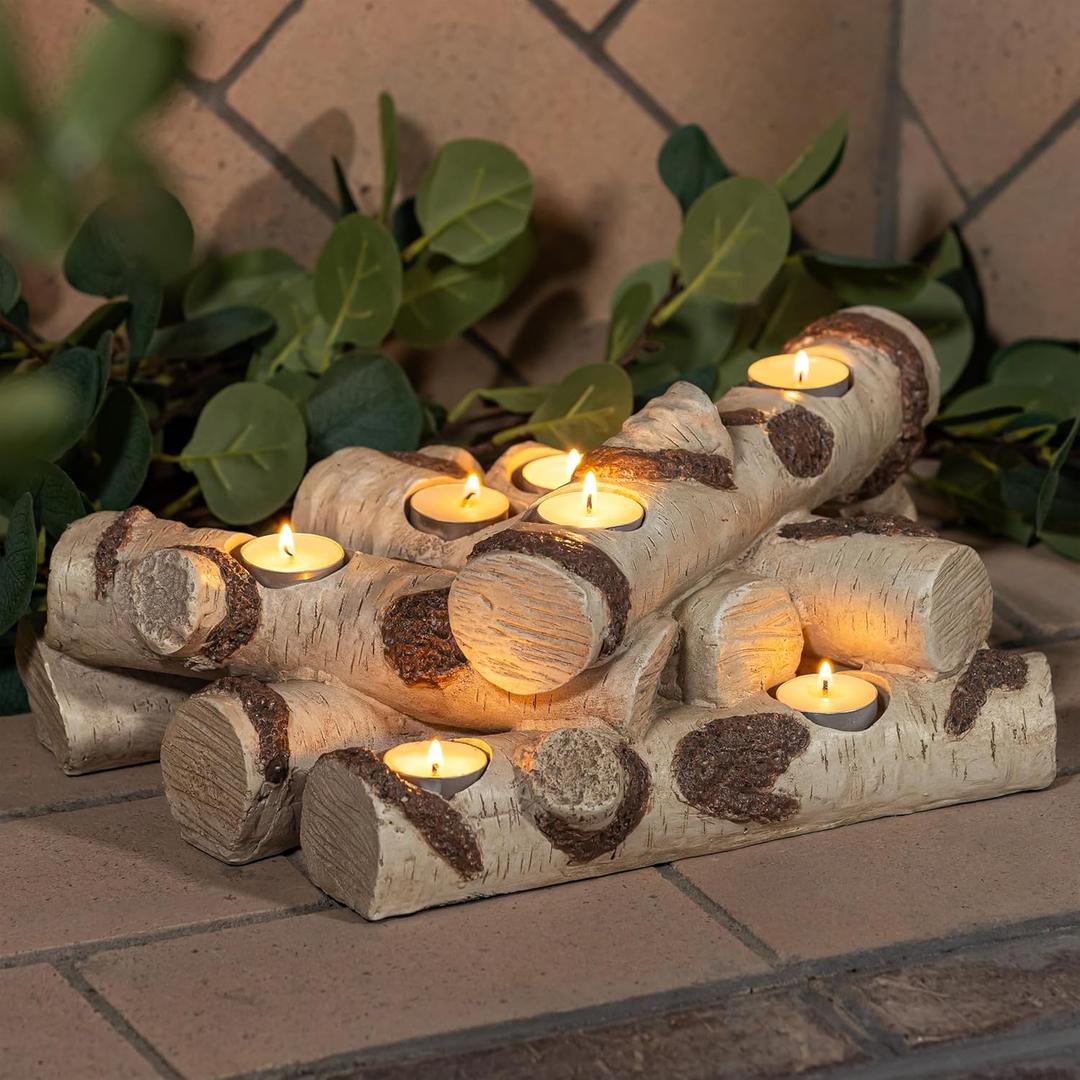 Plow & Hearth Faux Birch Wood Resin Logs Candle Holder for Fireplace | Romantic Ambiance Without Heat or Mess | Holds 8 Tea Lights| Realistic Sculpted Logs | 15" L x 9" W x 5" H