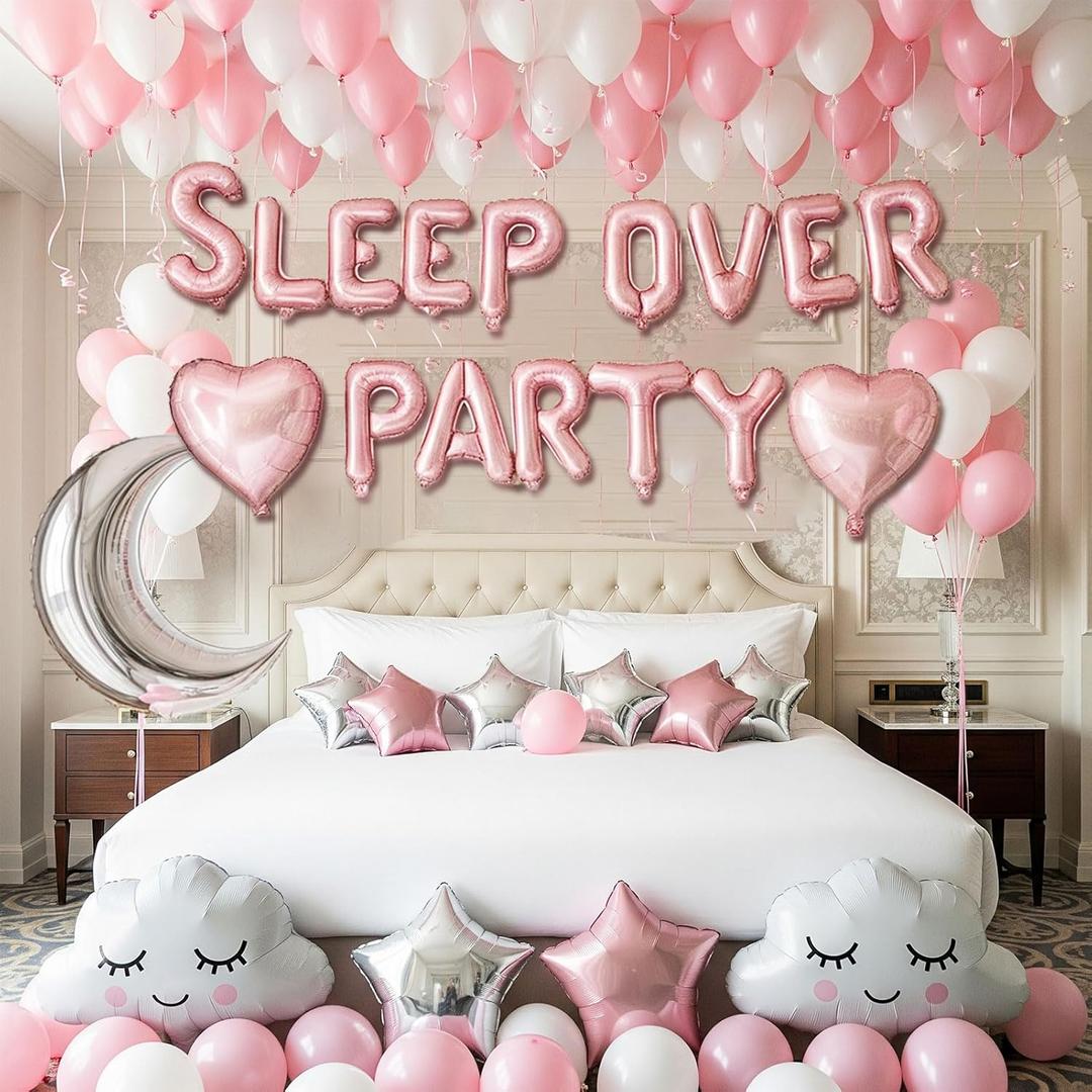 Slumber Party Decorations Pink White Balloons Overnight Birthday Party Sleepover Party Letter Balloons Cute Moon Star Cloud Heart-Shape Girls Pajamas Sleep Overnight Party Decorations